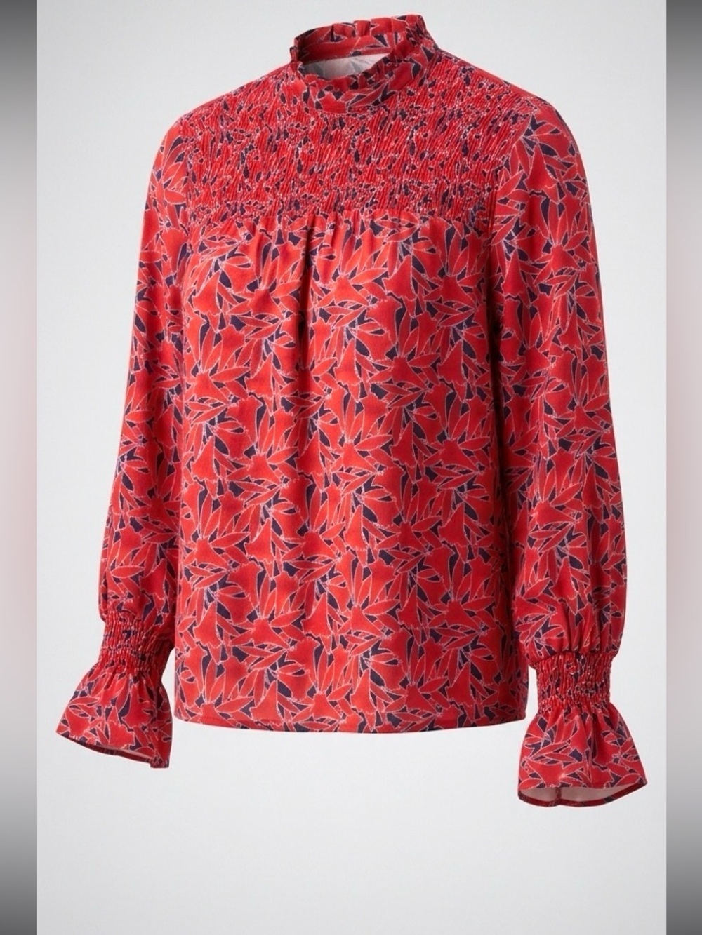 Ann Taylor Red Floral Smocked Blouse Navy Print Ruffle Neck Long Sleeve Size S